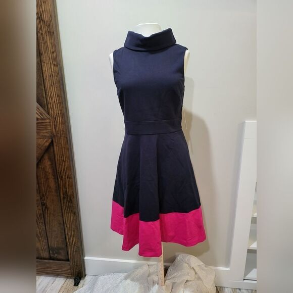 Eliza J Ponte Knit Fit & Flare Color Block Sleeveless Dress NWT size 6 Navy/Pink - Picture 3 of 5
